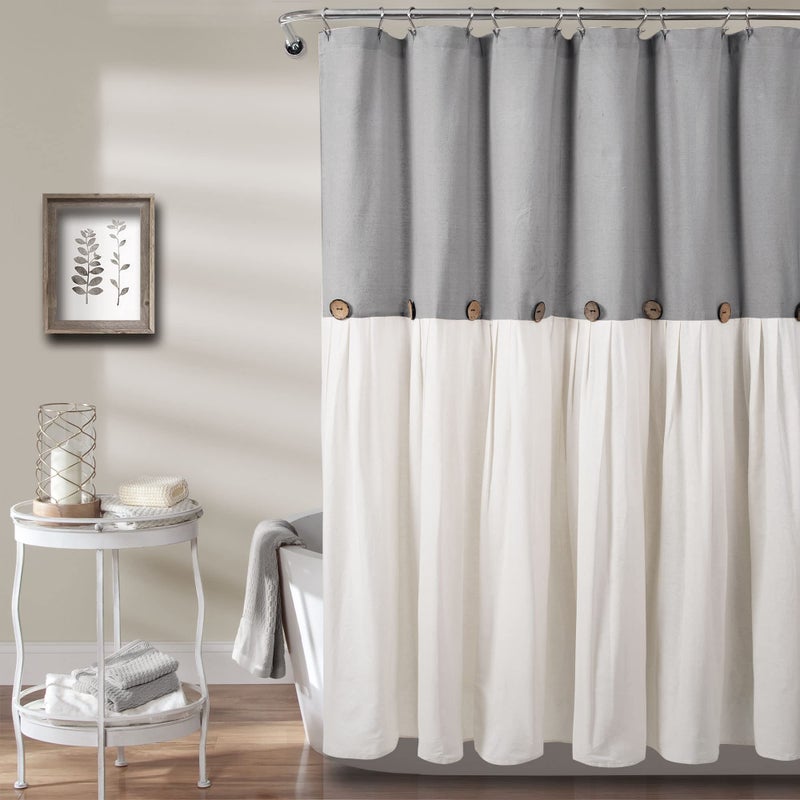 Lush Decor Linen Button Shower Curtain, 72" W x 72" L, Gray & Off White - Gray Shower Curtain Fabric - Bathroom Curtain - Farmhouse Bathroom Decor - Image 1